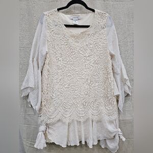 Paisley Vine Cream Blouse Lace Overlay Asymmetrical Flowy Sleeve Size XL